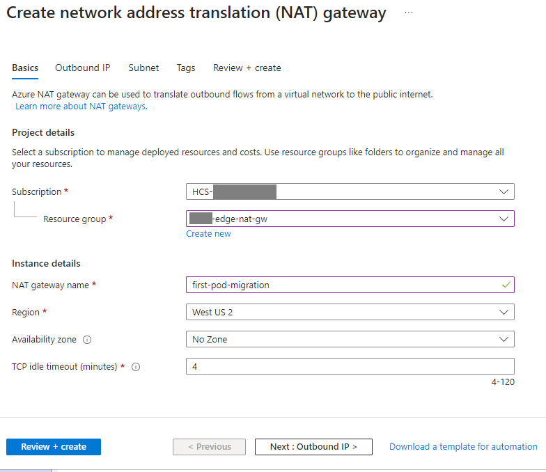 Captura de tela da primeira etapa do assistente Criar Gateway NAT do Portal do Azure