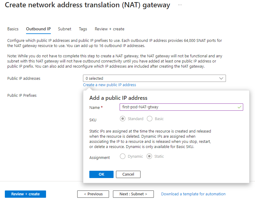Captura de tela da etapa IP de Saída do assistente Criar gateway NAT