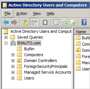 Captura de tela de um domínio de exemplo na janela de Computadores e Usuários do Active Directory.