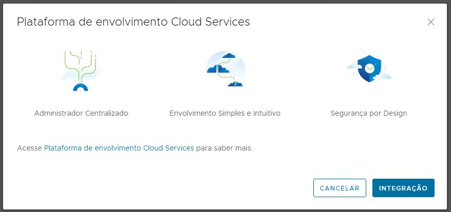 Captura de tela que mostra a caixa de UI da Plataforma de Envolvimento do Cloud Service com três ícones apenas para decoração, um hiperlink para saber mais sobre a Plataforma de Envolvimento do Cloud Service e o botão Integrar para continuar com o processo.