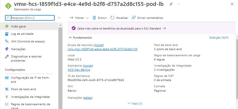 Captura de tela que ilustra o balanceador de carga do Azure do pod na assinatura e o endereço IP privado atribuído a ele