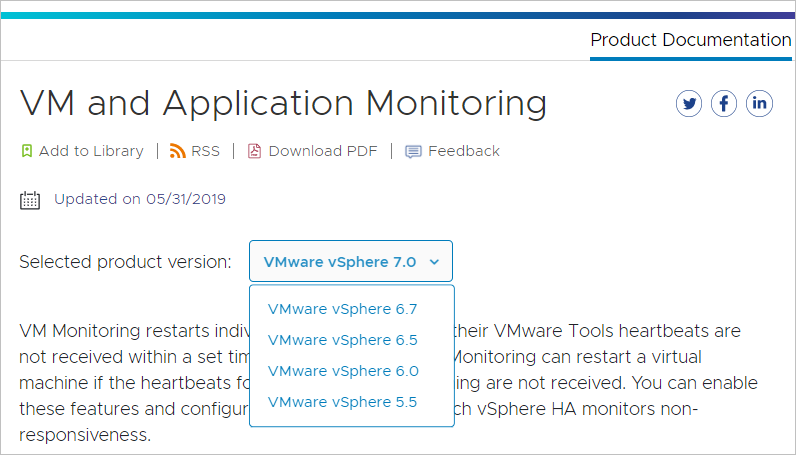 Seleção da versão do produto para a documentação de Monitoramento de VM do vSphere