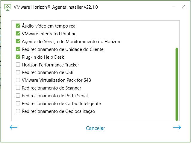 Captura de tela do restante da tela de opções exibida ao executar o Horizon Agents Installer em uma VM com um sistema operacional do tipo RDSH.