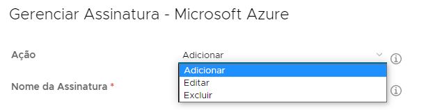 Uma captura de tela da janela Gerenciar Assinatura: UI do Microsoft Azure que mostra a lista de opções em Ação, que são Adicionar, Editar e Excluir.