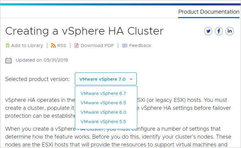 Seleção da versão do produto para a documentação do cluster do vSphere HA