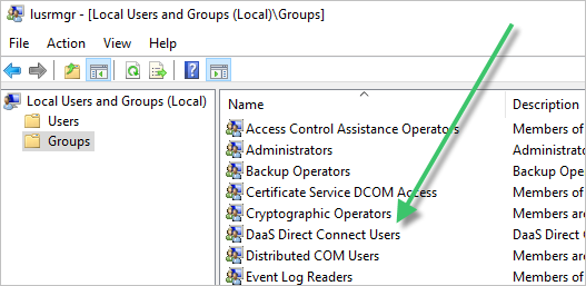 Captura de tela que exibe a janela Usuários e Grupos Locais e uma seta verde apontando para o grupo DaaS Direct Connect Users