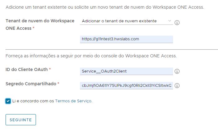Uma captura de tela que ilustra as informações de amostra digitada na etapa 1 do assistente para adicionar um tenant de nuvem do Workspace ONE Access existente.