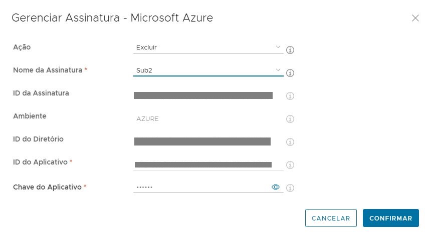 Uma captura de tela da janela Gerenciar Assinatura: UI do Microsoft Azure com o menu Ação definido como a opção Excluir e o menu Nome da Assinatura definido como uma assinatura chamada sub2, com setas verdes apontando para essa opção Excluir e o nome sub2.