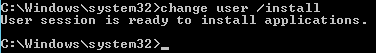 Prompt de comando de administrador do Windows Server 2012 que mostra o comando change user /install