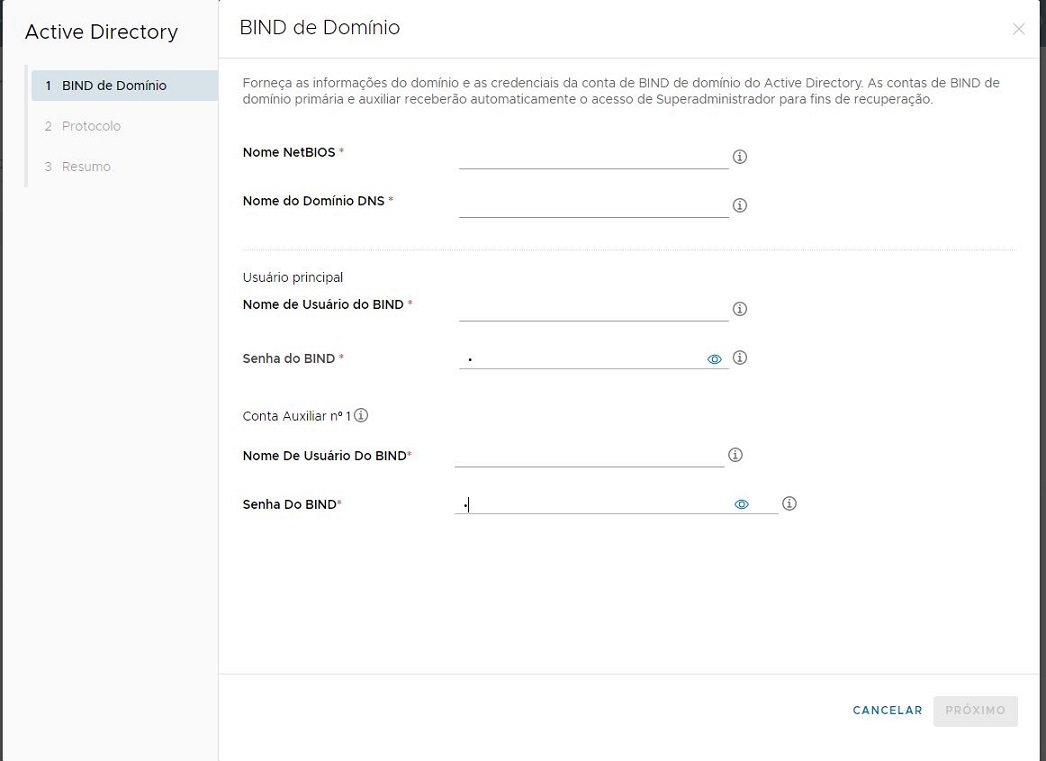 Captura de tela da janela Registrar Active Directory preenchida com valores de exemplo.