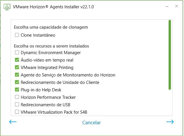 Captura de tela da parte superior da tela de opções exibida ao executar o Horizon Agents Installer em uma VM compatível com RDSH do Windows