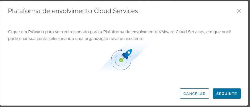 Captura de tela que mostra a próxima caixa da UI do Plataforma de Envolvimento do Cloud Service com um ícone decorativo de um foguete e o botão Avançar para continuar com o processo.