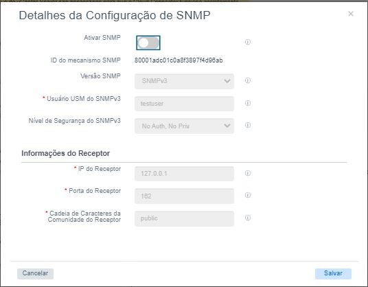 Caixa de diálogo de detalhes da configuração do SNMP no estado padrão inicial