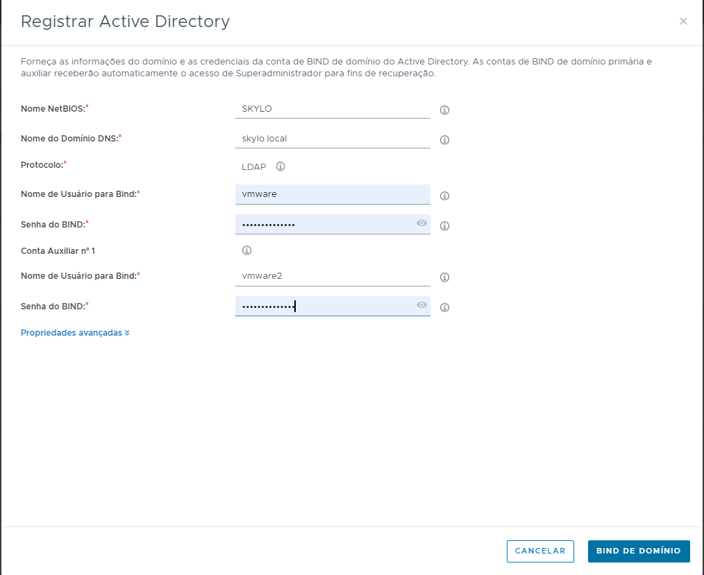Captura de tela da janela Registrar Domínio do Active Directory com os campos preenchidos com os valores de PoC.