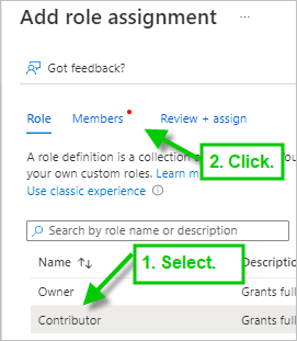Captura de tela do painel Adicionar atribuição de função do Portal do Azure com setas verdes para o Colaborador selecionado e a guia Membros.