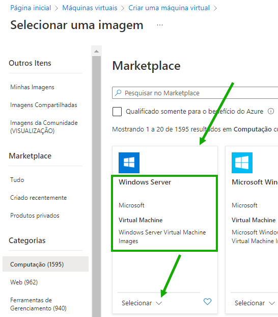 Captura de tela do painel Selecionar uma imagem do Portal do Azure com o bloco do Windows Server visível e setas verdes apontando para a hora e seu menu Selecionar.