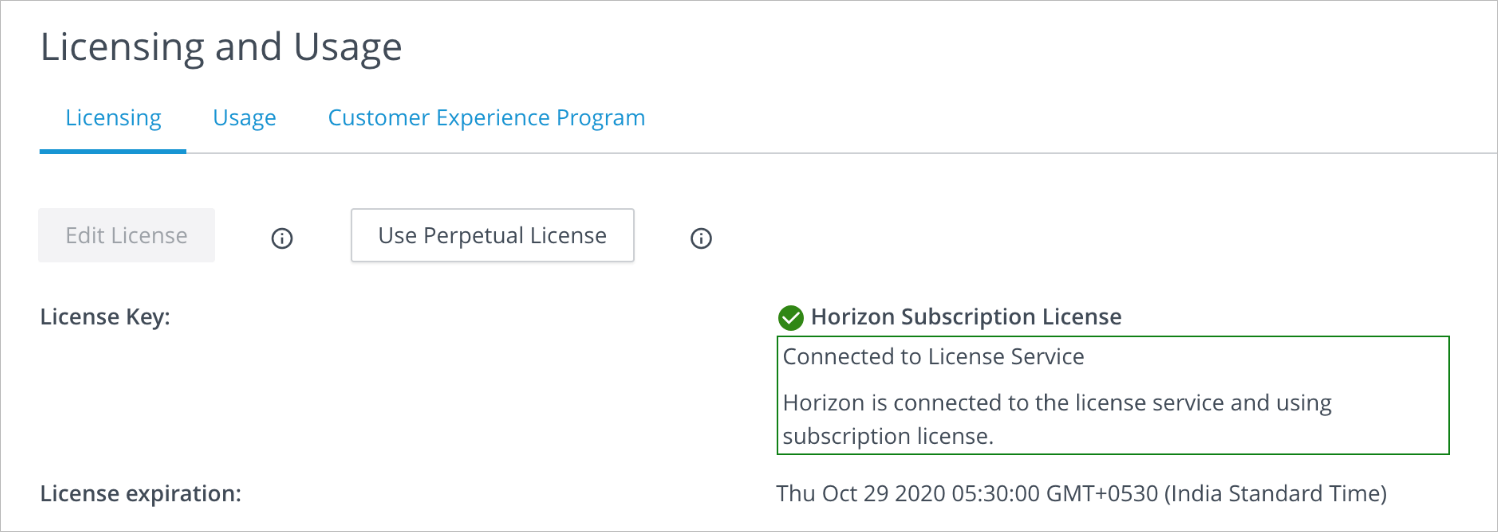 Captura de tela da mensagem Conectado ao Serviço de Licença na tela padrão do Horizon.