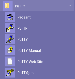 Captura de tela das ferramentas PuTTY conforme são exibidas no menu Iniciar do Microsoft Windows 10