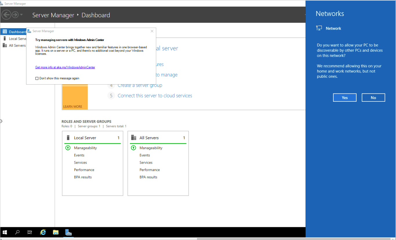 Captura de tela que apresenta a área de trabalho inicial do Windows Server 2019 após a conexão com a VM.
