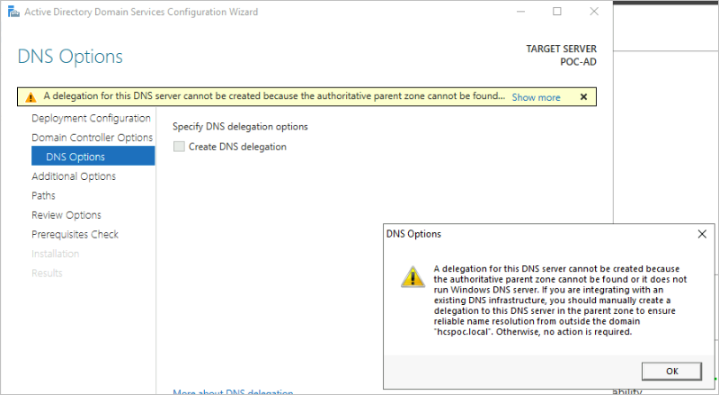 Captura de tela que descreve a etapa de Opções de DNS e a mensagem amarela que vimos.