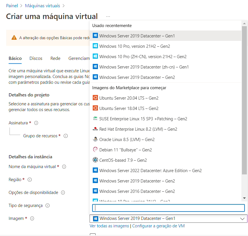 Captura de tela das opções do Windows Server após clicar em Selecionar no bloco do Windows Server no painel Selecionar uma imagem.