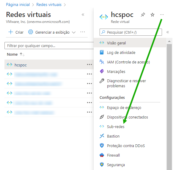 Captura de tela da VNet no Portal do Azure e seta verde apontando para o menu Sub-redes.