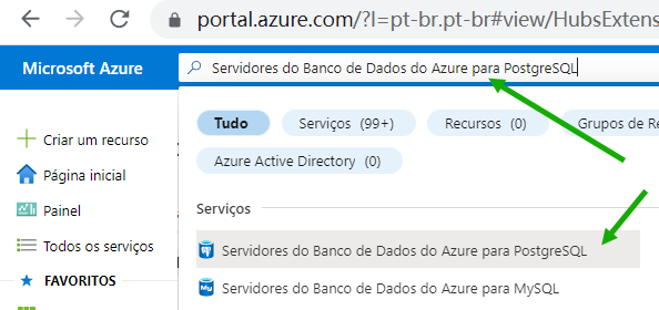 Uma captura de tela que mostra a barra de pesquisa do Portal do Azure e a pesquisa do Banco de Dados do Azure para Servidor PostgreSQL.