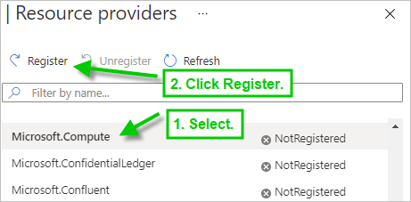 Uma captura de tela que mostra um provedor de recursos selecionado e a localização do botão Registrar.