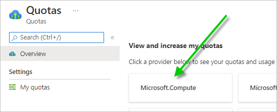 Esta captura de tela mostra o bloco Microsoft.Compute no painel Quotas com uma seta verde apontando para esse bloco.