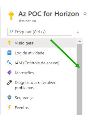 Uma captura de tela mostrando a barra de rolagem no painel da assinatura específica no Portal do Azure.
