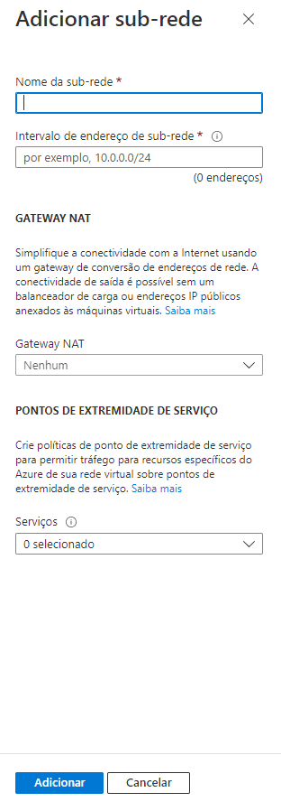 Captura de tela da UI de Adicionar sub-rede do Portal do Azure.