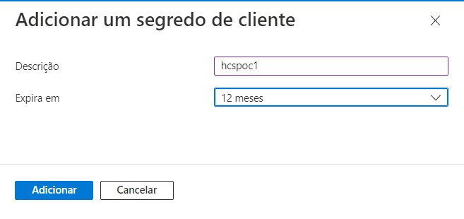 Captura de tela mostrando a UI de Novo segredo do cliente com o nome hcspoc digitado e a duração de 12 meses escolhida no menu Expira.