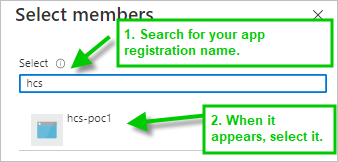 Captura de tela do painel Selecionar membros e pesquisa do nome de registro de aplicativo.