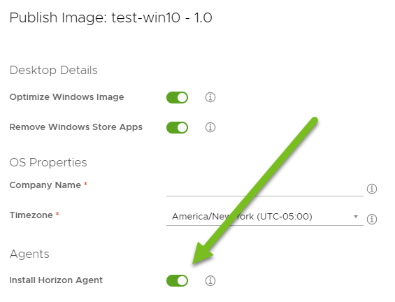 Captura de tela do assistente para Publicar Imagem e uma seta verde apontando para a opção Instalar Horizon Agent.