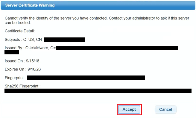 Caixa de diálogo de aviso do certificado do servidor