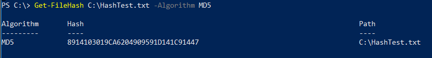 Exemplo de comando e resposta Get-Filehash
