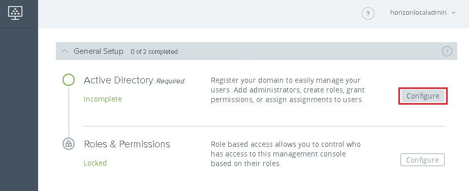 Assistente de Introdução mostrando o botão de configuração do Active Directory