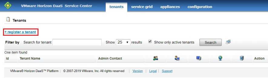 Página Tenants mostrando o registro de um link de tenant