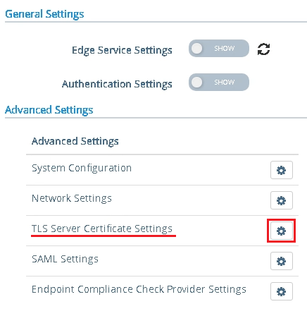 Página de configurações mostrando as configurações do certificado do servidor TLS