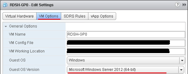 Caixa de diálogo Editar Configurações com a guia Opções de VM selecionada