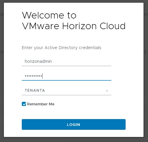 Tela de login do Horizon Cloud