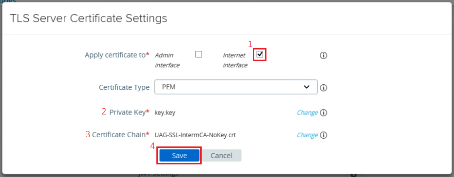 Caixa de diálogo de configurações do certificado do servidor TLS