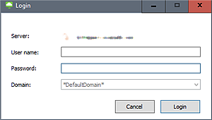 Captura de tela da tela de login do Horizon Client para Windows 5.0 com Mostrar Somente Domínio Padrão definido como Sim e Ocultar Campo de Domínio definido como Não