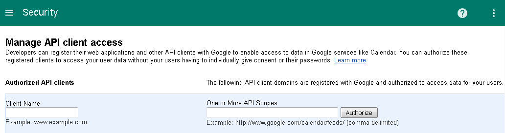 Página Gerenciar o acesso do cliente de API no Google