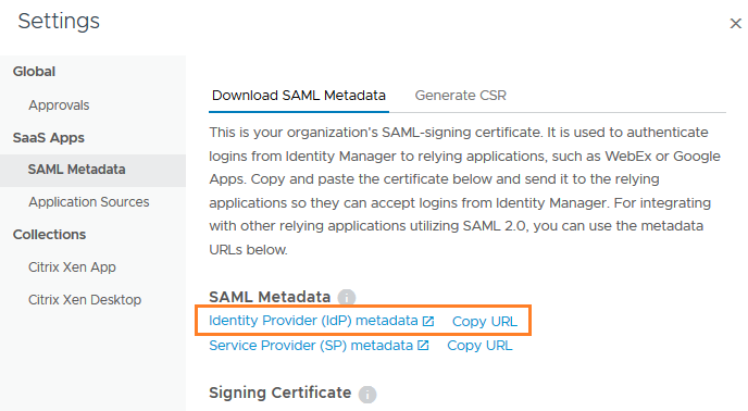 formulário de metadados SAML