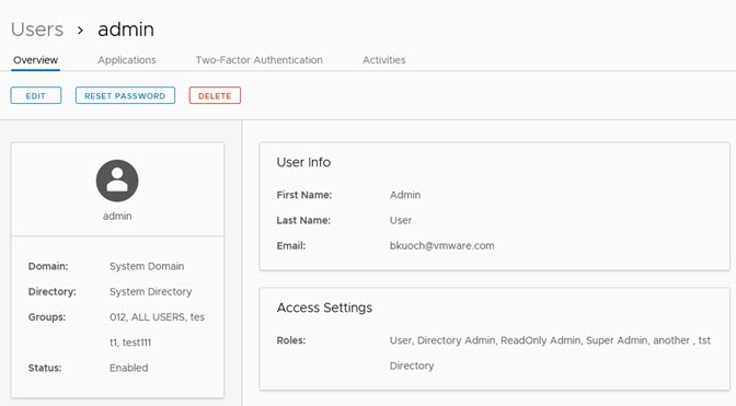 Página de Perfil do Administrador no Console do Workspace ONE Access