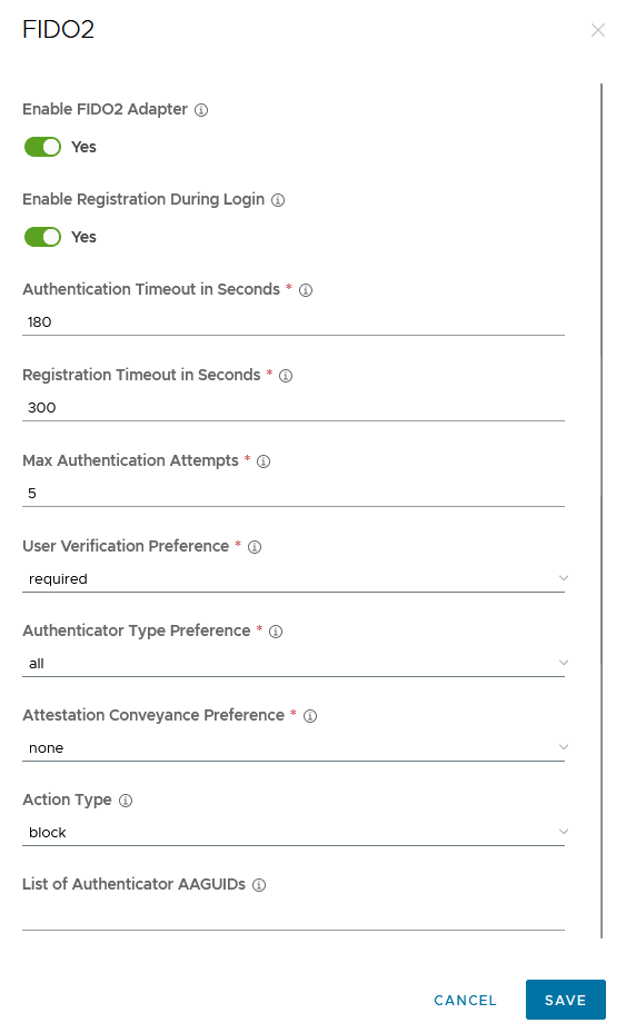 Página de configurações FIDO2 recomendadas do Workspace ONE Access