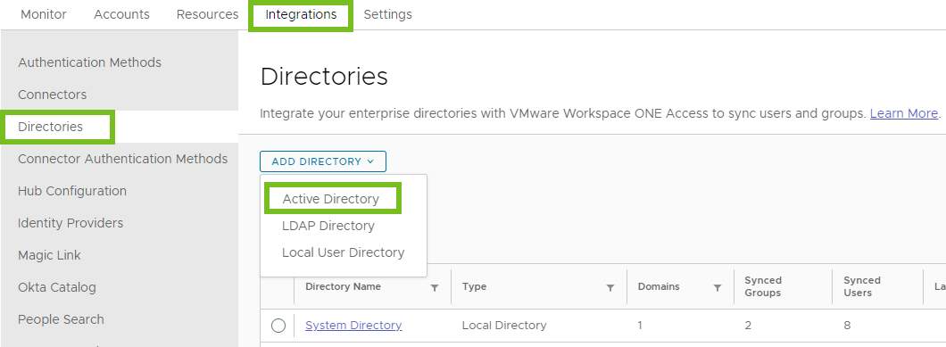 As opções do menu suspenso Adicionar Diretório são Active Directory, Diretório LDAP e Diretório de Usuário Local.