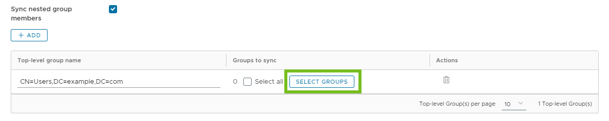 A opção Selecionar Grupos está selecionada para o grupo de nível superior CN=Users,DC=example,DC=com.