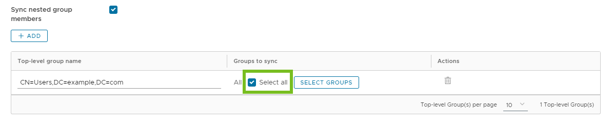 A opção Selecionar tudo está selecionada para o grupo de nível superior CN=Users,DC=example,DC=com.